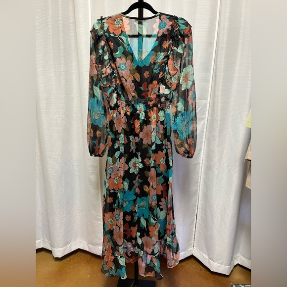 Sundayup Floral Print Midi V-neck Ruffle Dress Multicolored | size medium - Picture 5 of 8